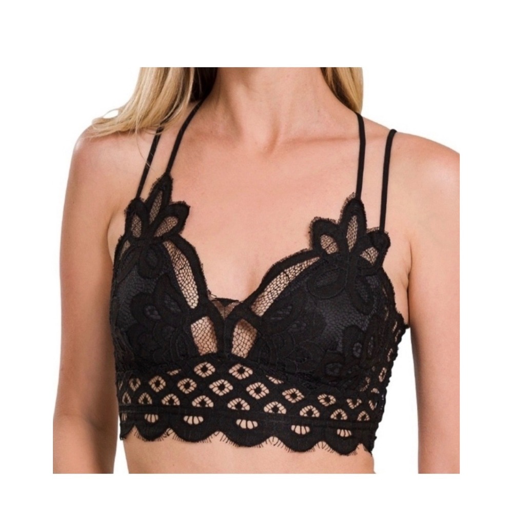 Black Floral Lace Bralette Scalloped Hem Smocked‎ Back Adjustable Straps Top